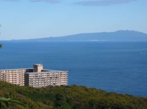 充実した共用施設、海・伊豆大島を望む
