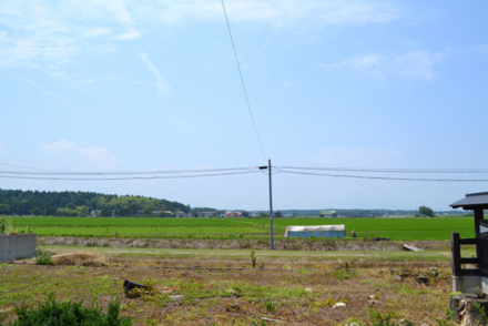 青空の下、深緑と水田が美しい敷地前の様子（快晴時には妙高連山が一望できます）